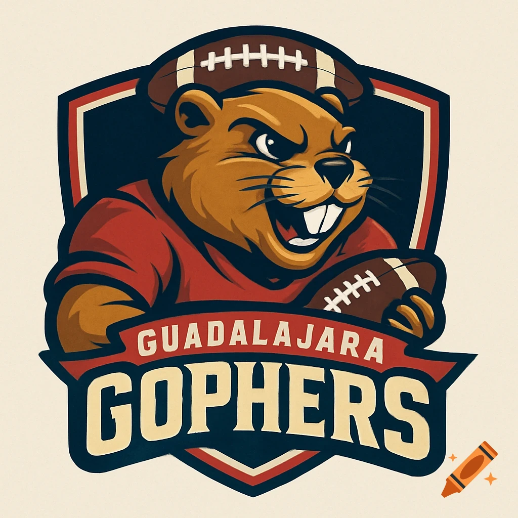 Logo for the Guadalajara Gophers football team featuring a gopher mascot wearing a jersey and holding a football.