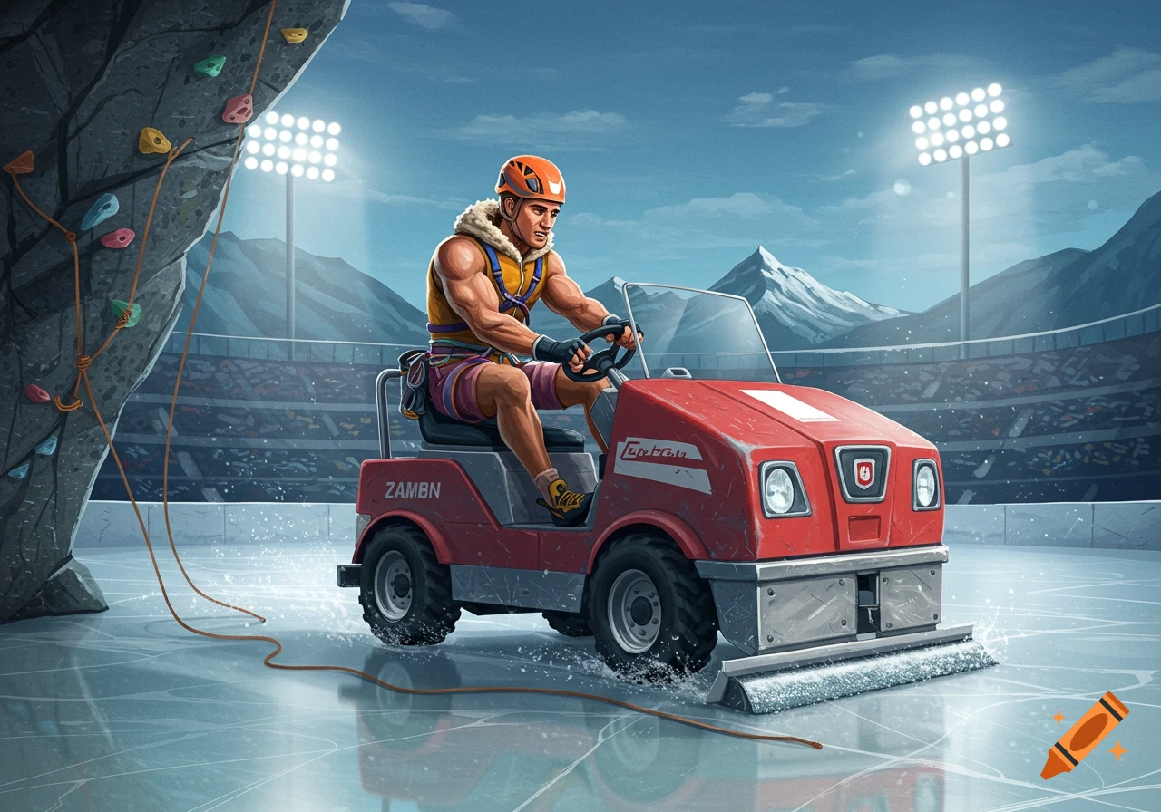 A muscular rock climber in a helmet and harness drives a red Zamboni-like machine across an ice rink in a stadium, with a climbing wall visible.