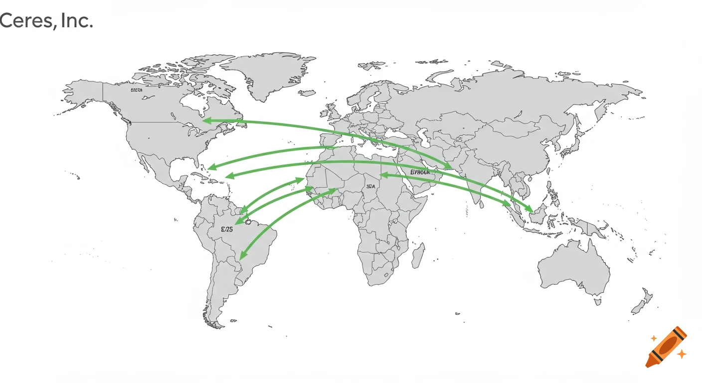 Minimalistic world map with green arrows showing flows converging to the US.