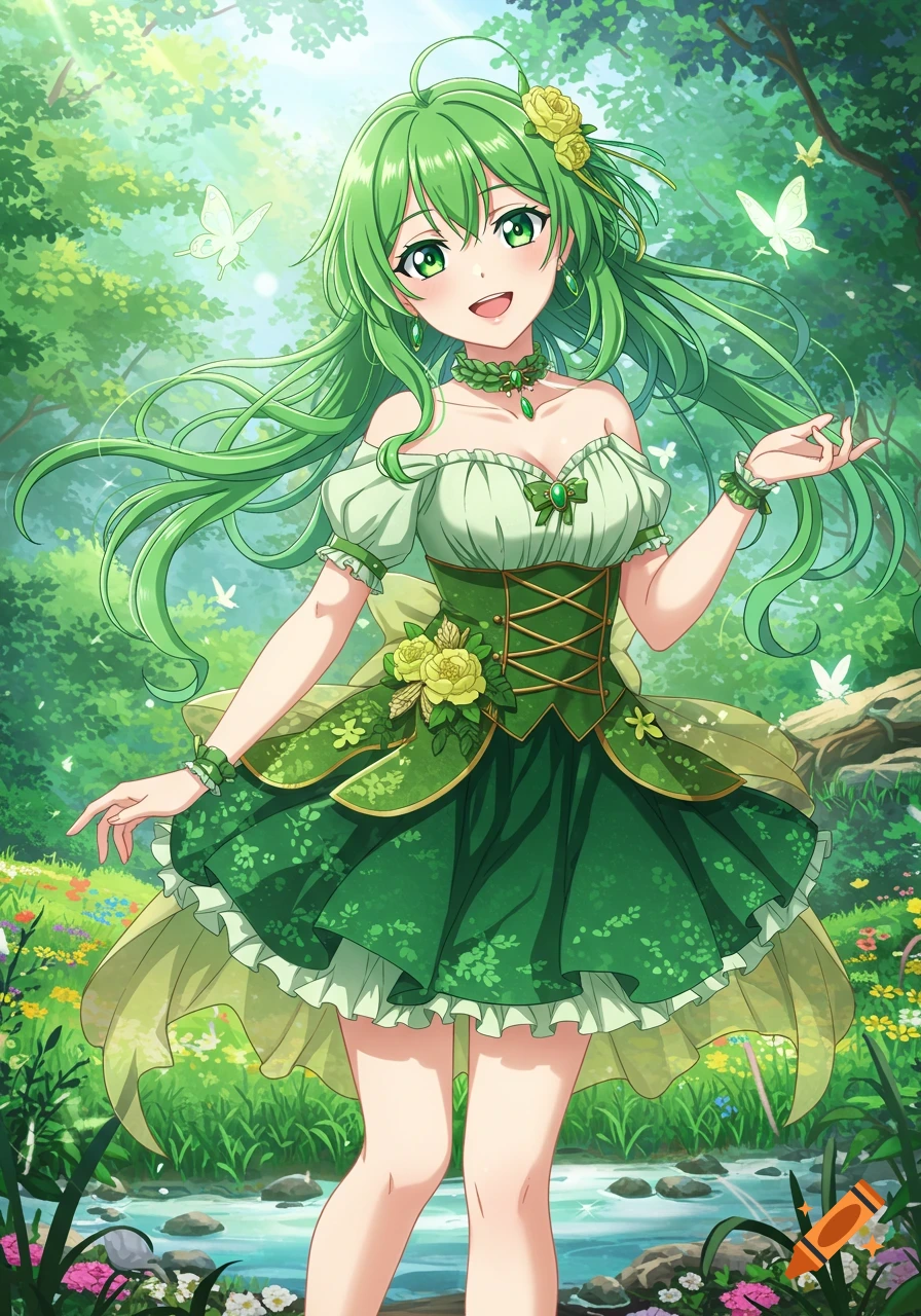 An anime girl with long green hair and a green dress stands in a sunny  forest with butterflies. on Craiyon