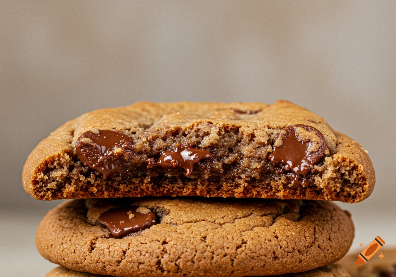 Close-up of a stack of chocolate chip cookies, the top one broken open showing melted chocolate.