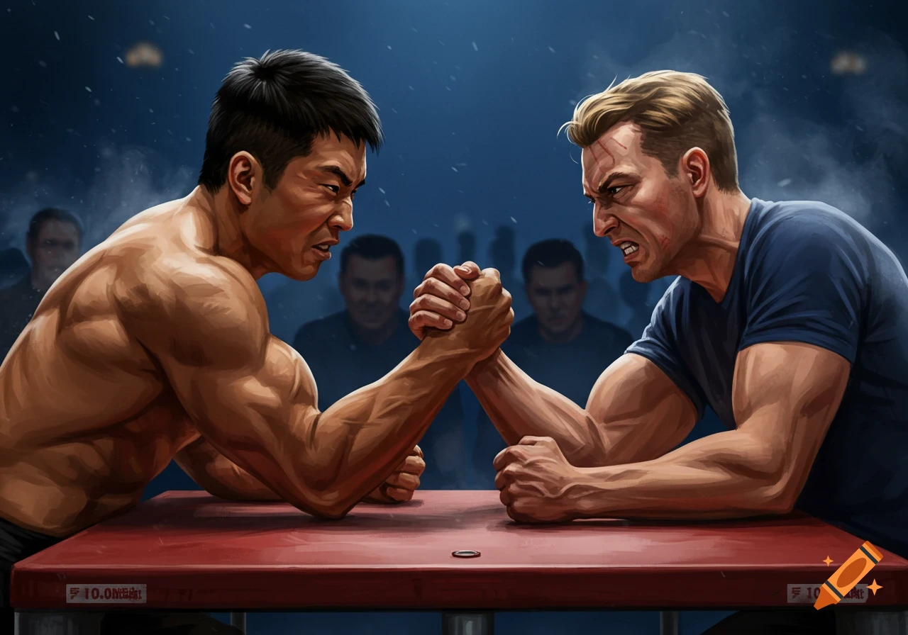 Two men intensely arm wrestling on a red table in a dimly lit room with spectators.