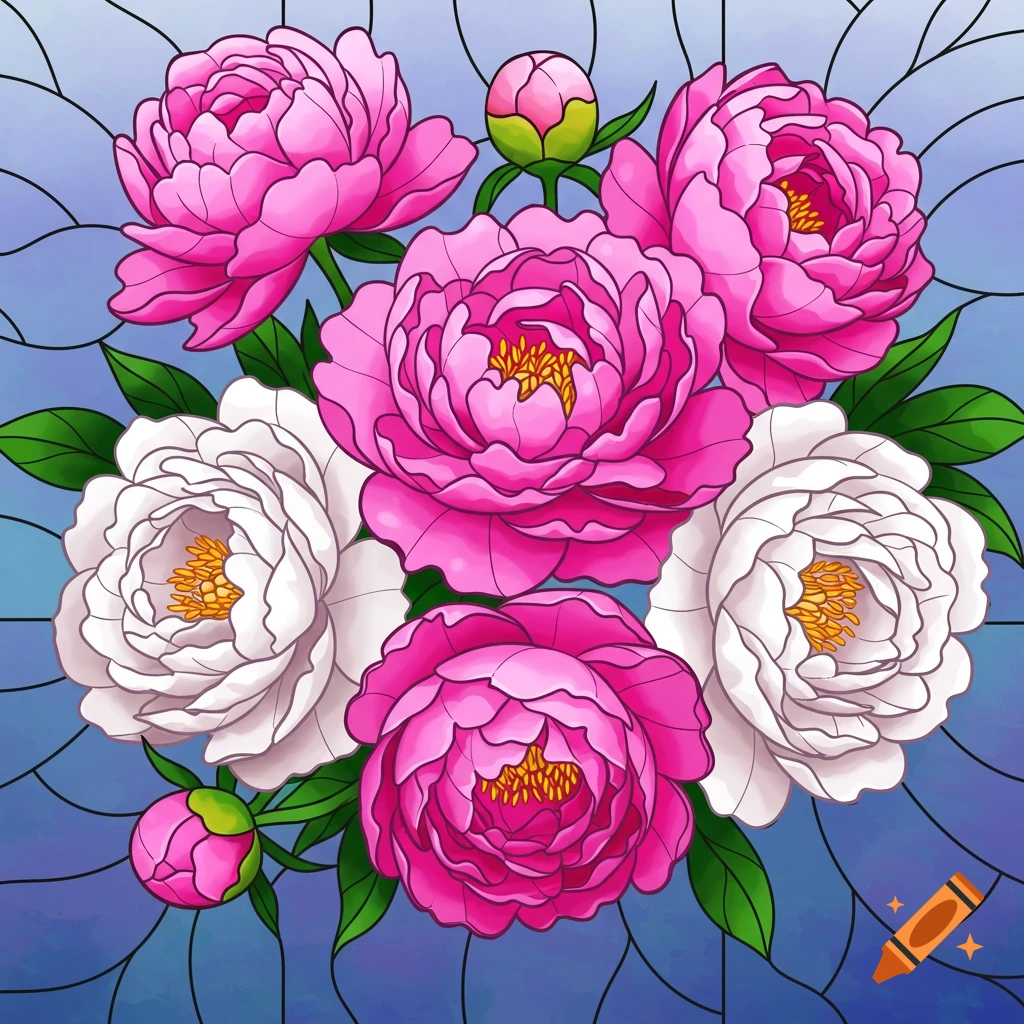A bouquet of pink and white peonies in a stained glass art style.