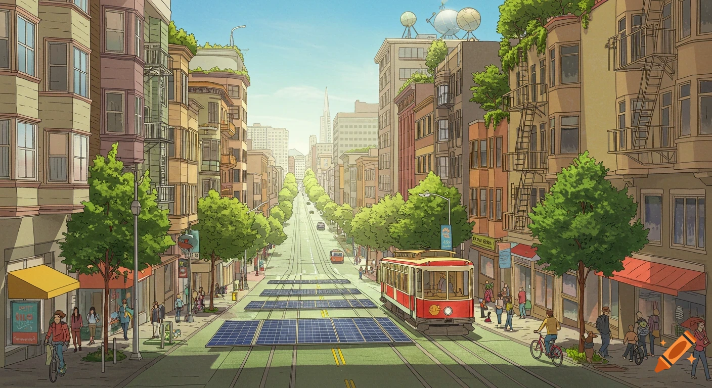 Illustrated view of a bustling city street with a tram, solar panels on the ground, and trees growing on buildings.