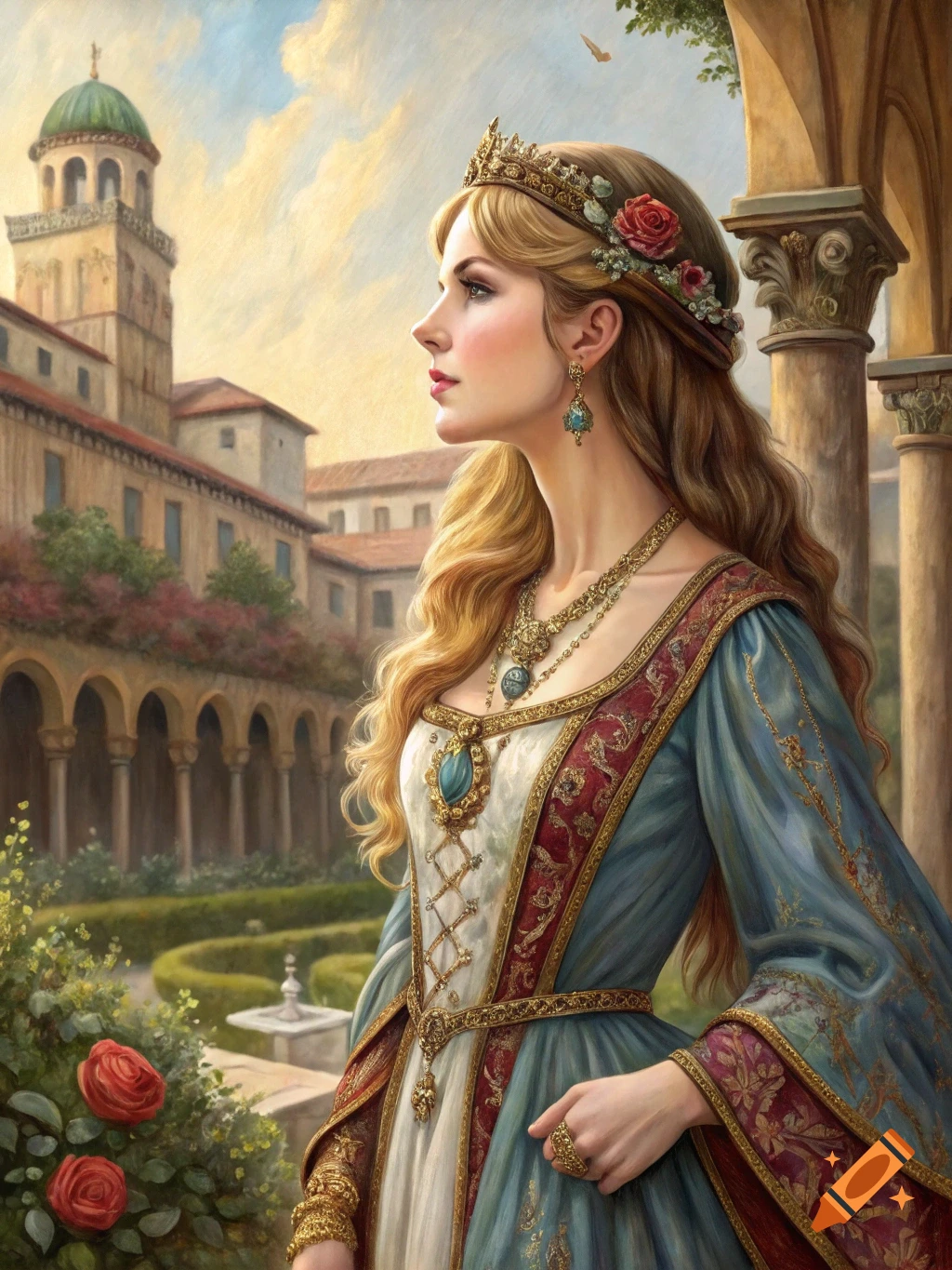 Portrait of a woman in renaissance dress and crown in a garden.