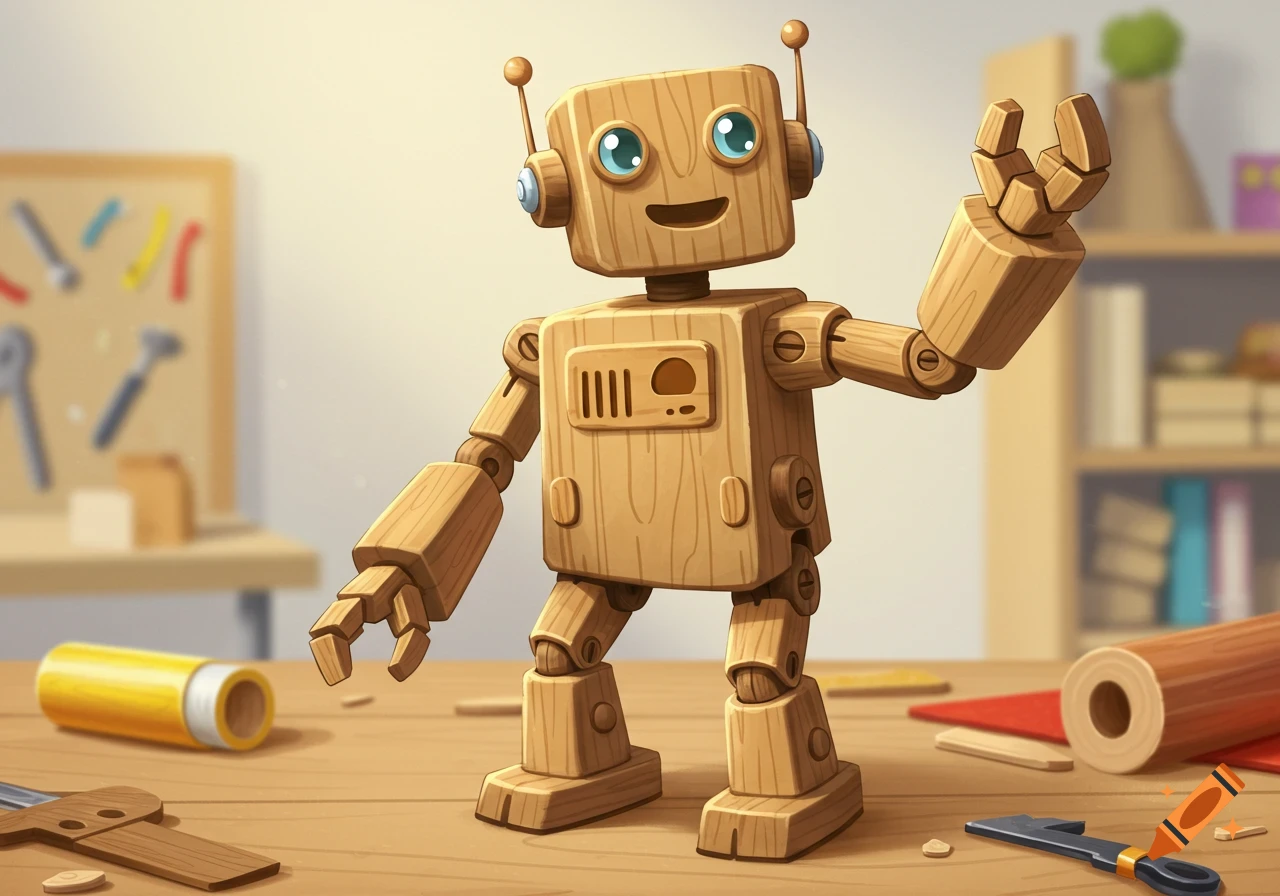 A cute wooden toy robot stands on a workshop table surrounded by tools and wood pieces.