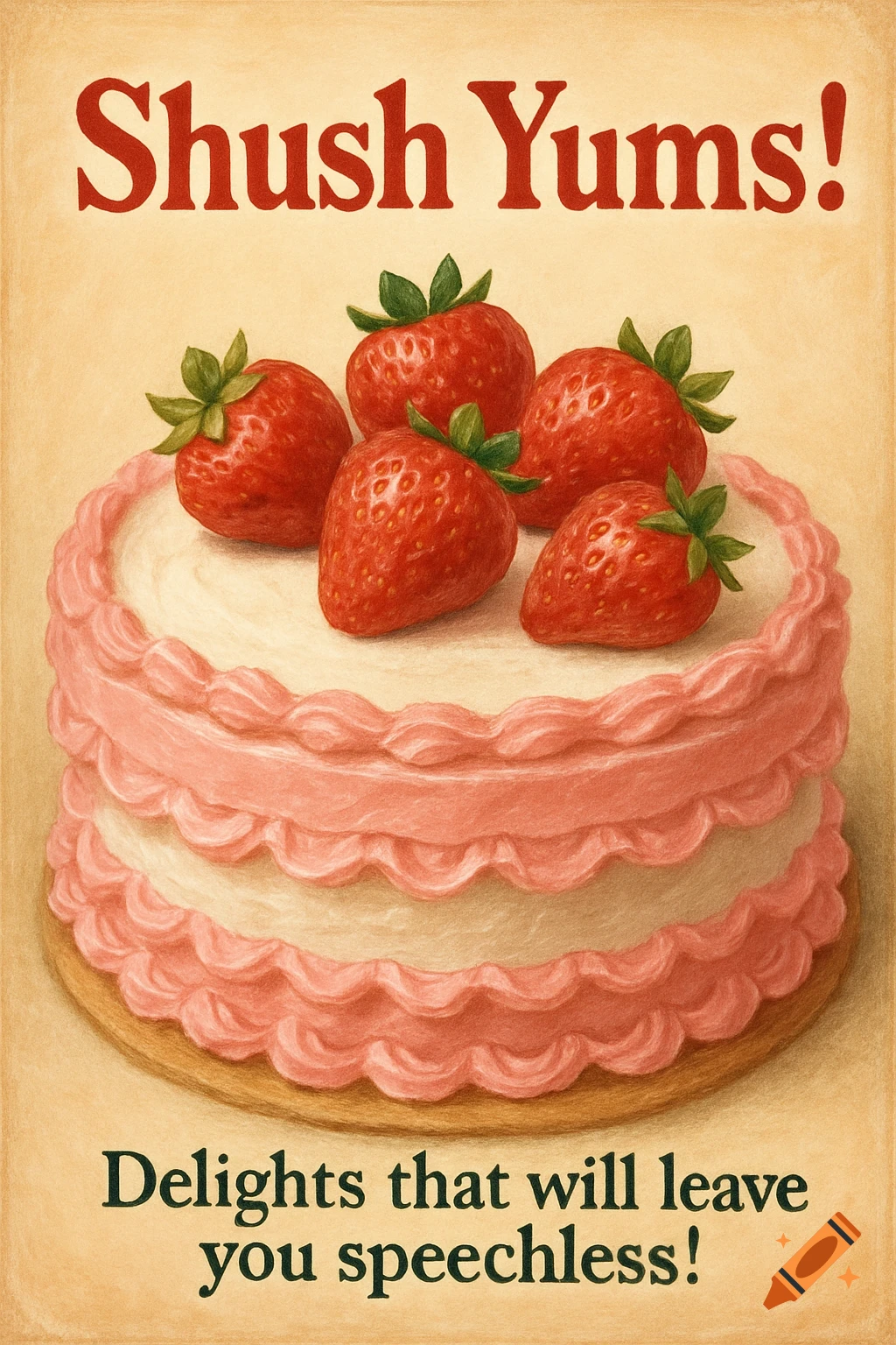 Illustration of a strawberry cake with pink icing and text "Shush Yums! Delights that will leave you speechless!"