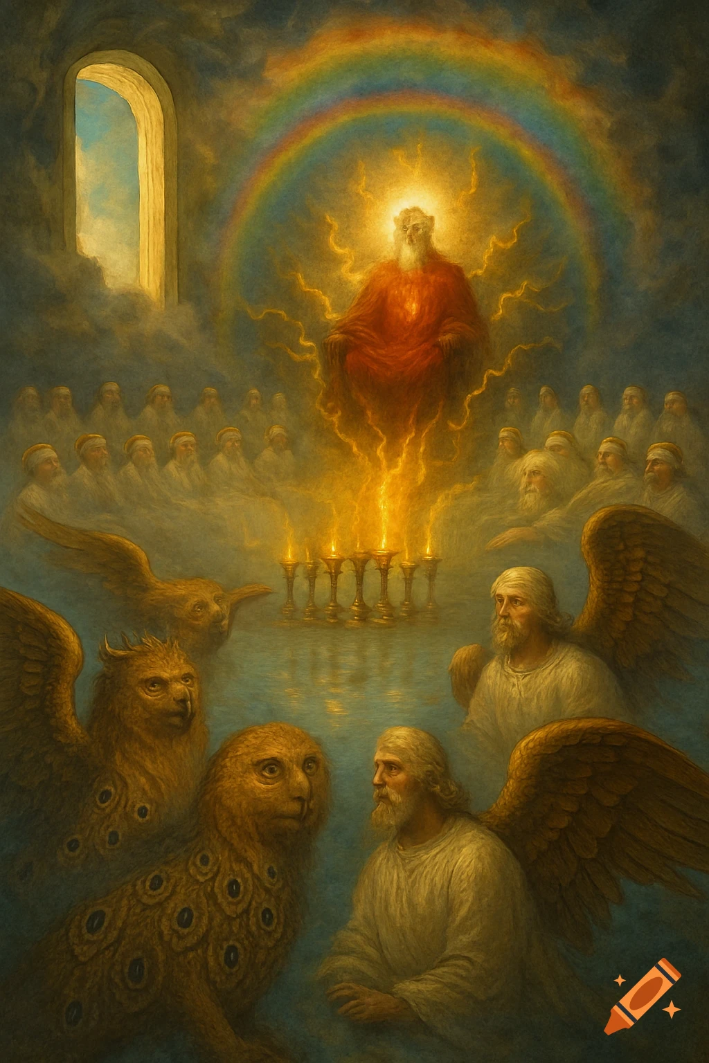 A divine figure on a throne surrounded by a rainbow, elders, winged creatures, and lamps over a sea of glass, in a painterly style.