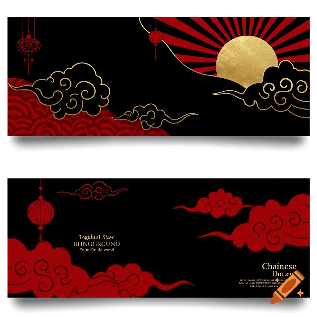 Two horizontal banners with Chinese graphic design elements: red and black clouds, gold sun, and red lanterns.