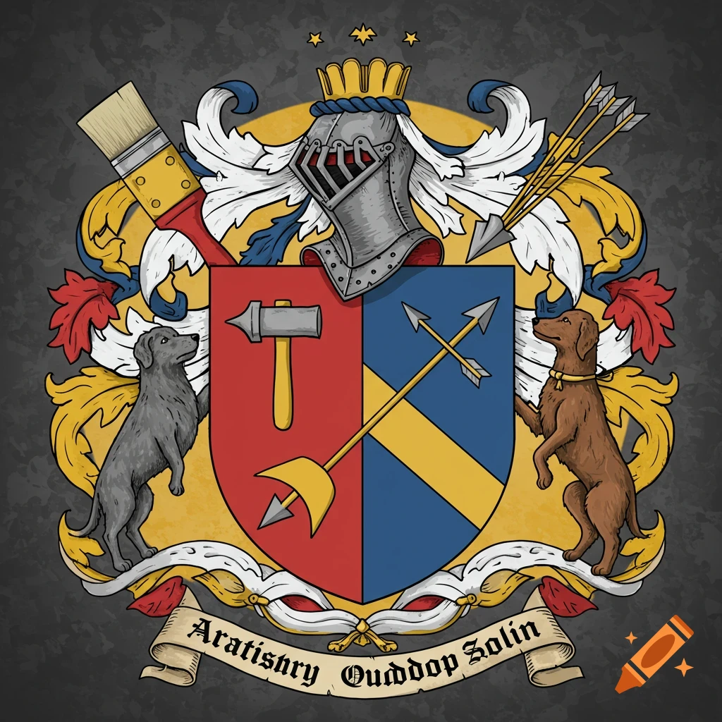 A stylized coat of arms illustration with a shield, helmet, dogs, paintbrush, hammer, and arrows on a textured background.
