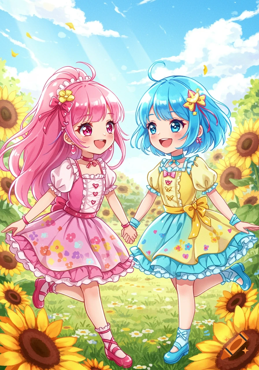 Two anime girls holding hands in a field of sunflowers under a sunny sky.