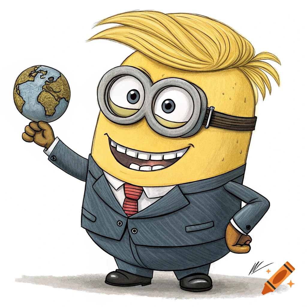 Illustration of a cartoon Minion in a suit with blond hair styled like Donald Trump, holding a globe.
