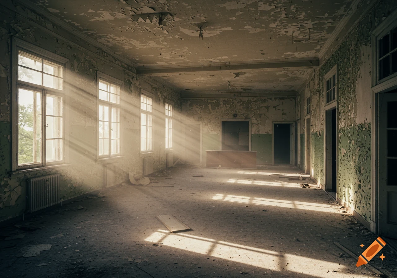 Sunlight streams through windows into an abandoned room with peeling paint and debris on the floor.