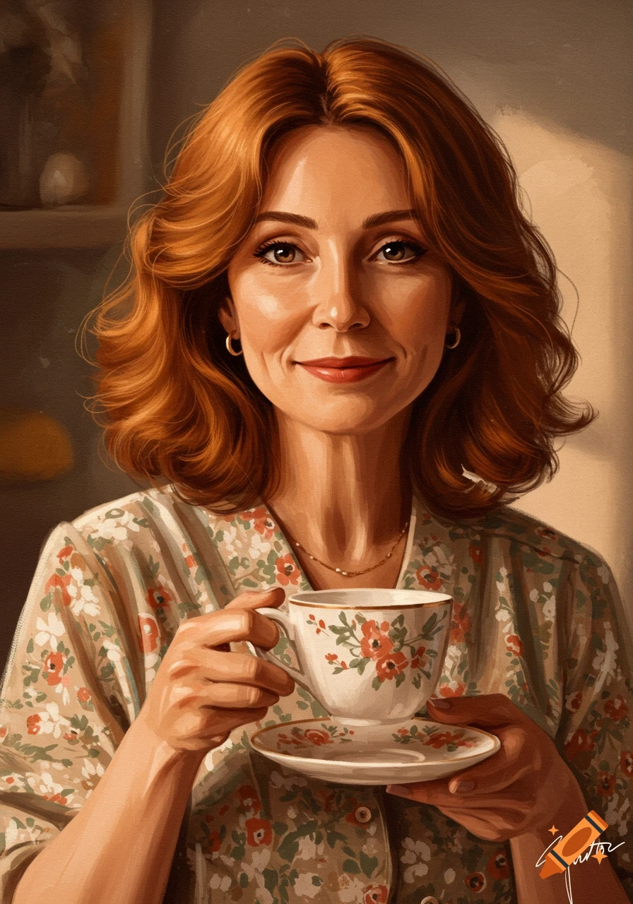 Painting of a woman in a floral shirt holding a teacup.