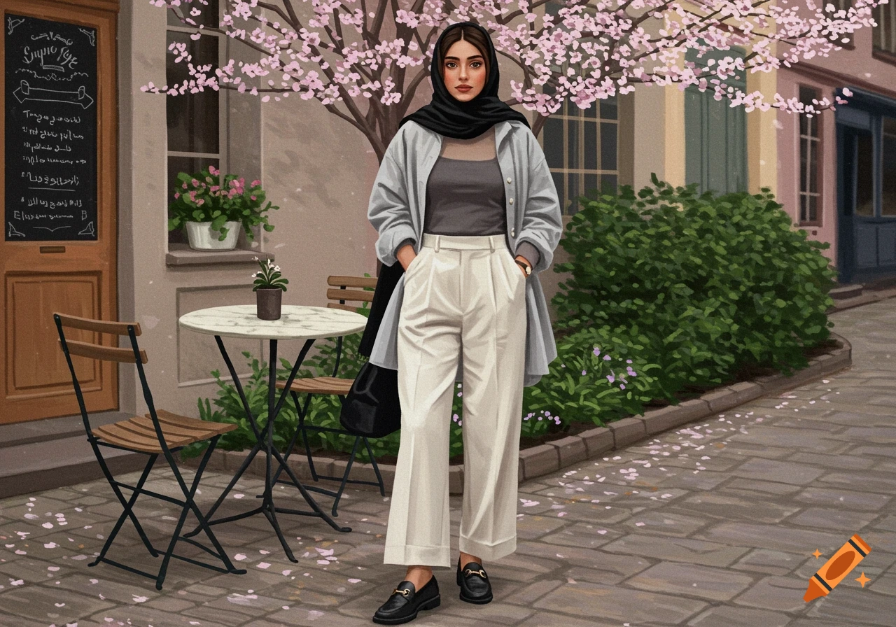 Young woman in hijab and chic outfit standing outside a cafe with cherry blossoms.