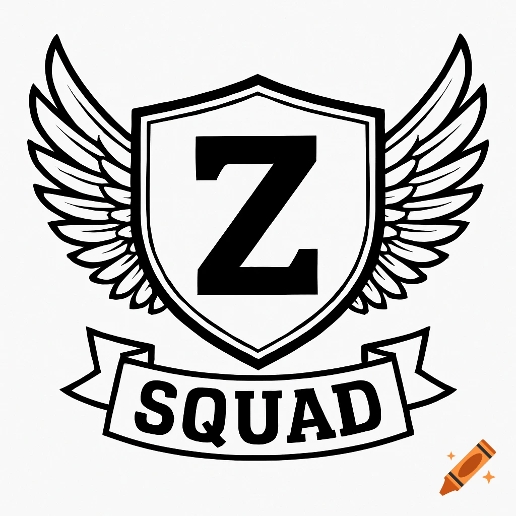 Black and white emblem with a shield, wings, the letter Z, and a banner reading SQUAD.