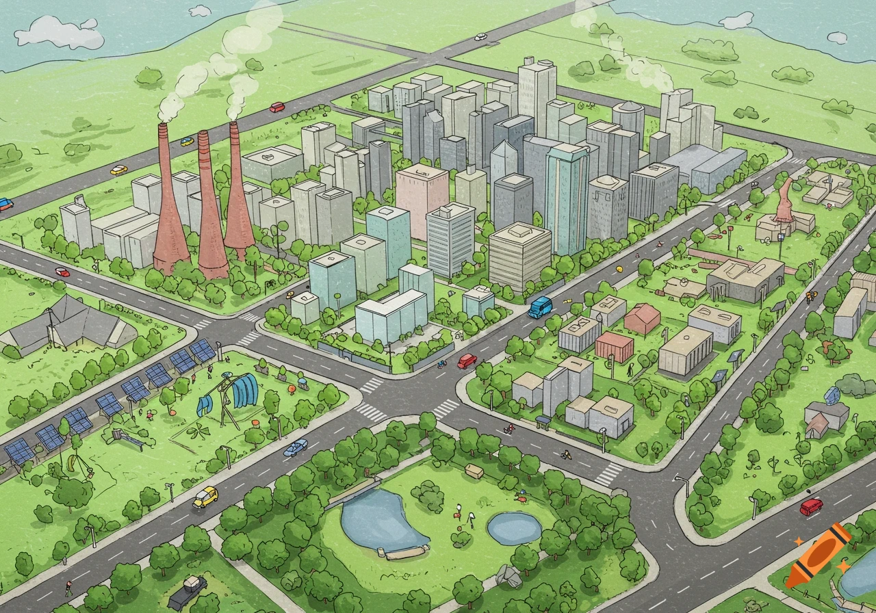 Illustrated overhead view of a green city with parks, solar panels, buildings, roads, and smoking factory stacks.