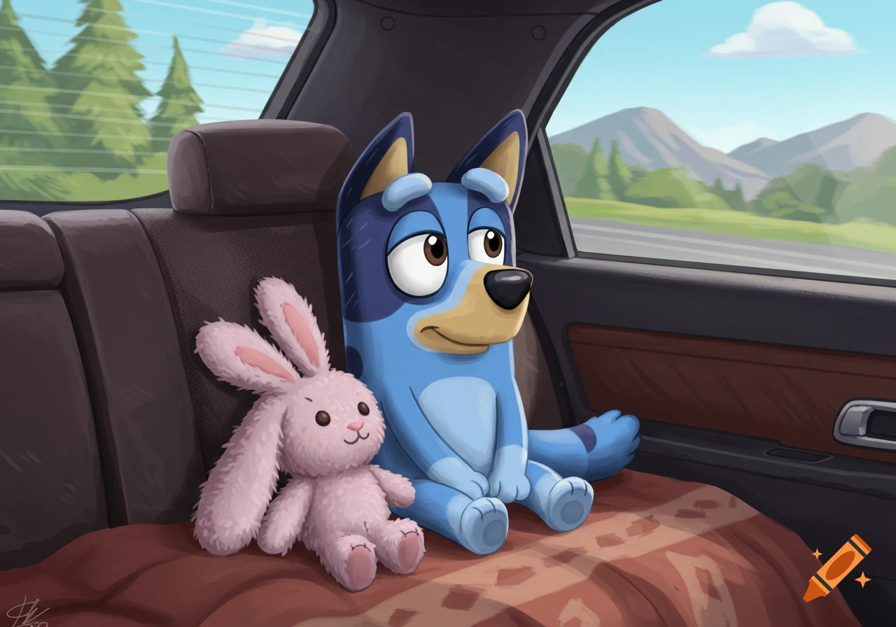 Cartoon Bluey and a pink bunny plush sit in a car backseat looking at a landscape through the window.