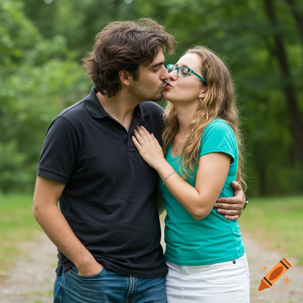 A couple kissing outdoors in a park