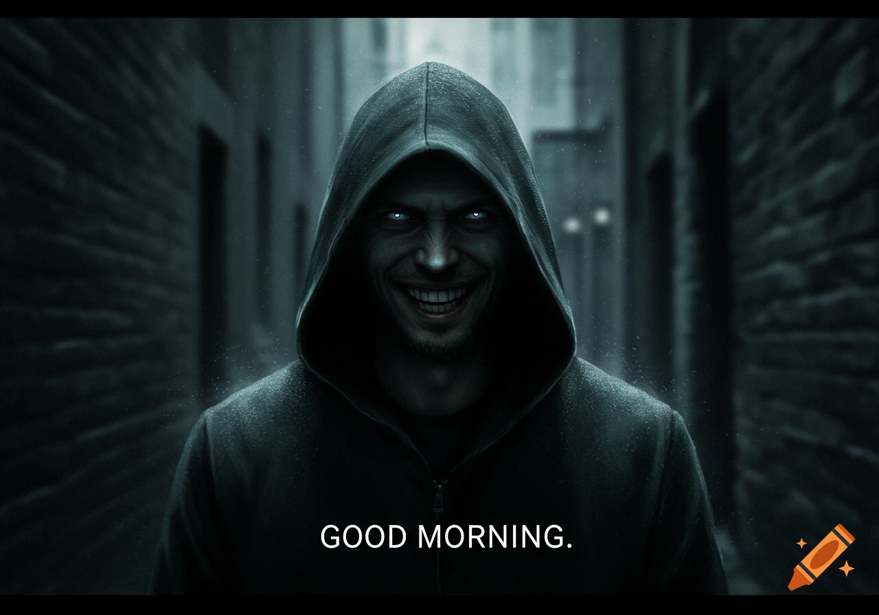 Creepy hooded man with glowing eyes in a dark alley with the text 'GOOD MORNING.'
