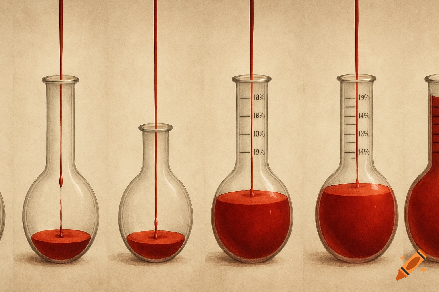 An illustration shows a series of glass beakers being filled with a red liquid, from empty to full.