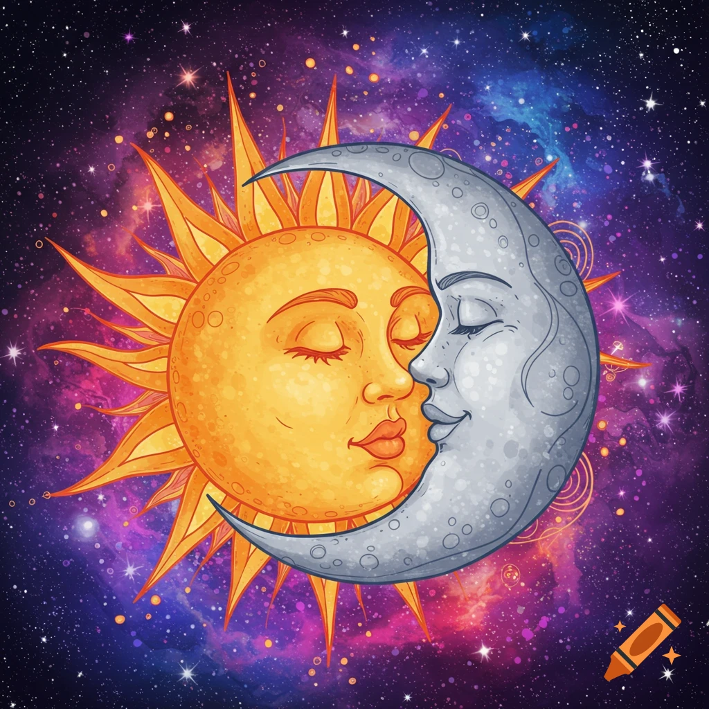 Illustration of the sun and moon kissing against a starry galaxy background.