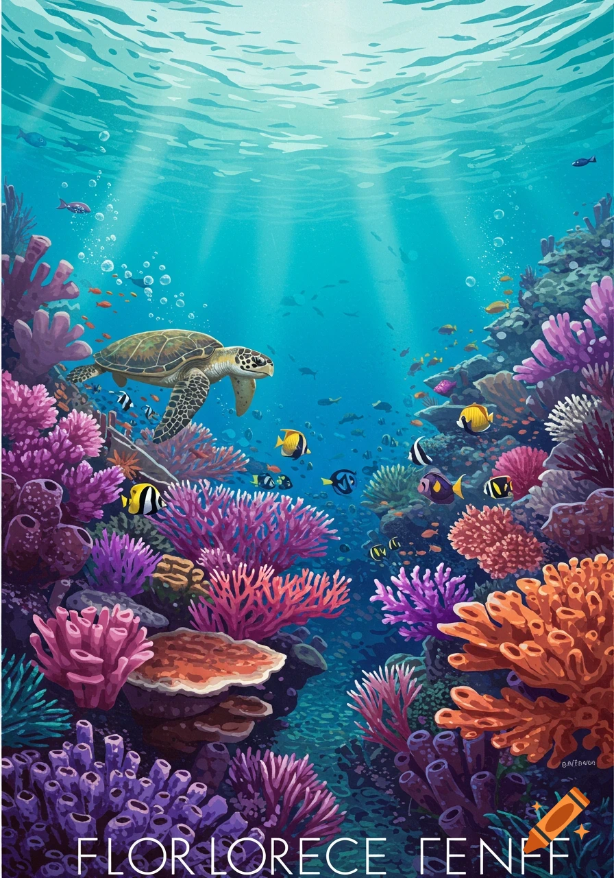 Vibrant underwater illustration of a coral reef with a sea turtle and tropical fish swimming among colorful coral.