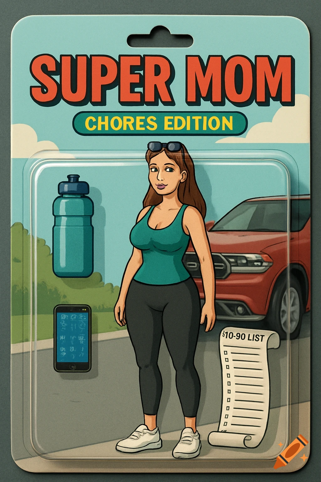 Cartoon action figure of a mom in a blister pack package, titled "SUPER MOM CHORES EDITION".