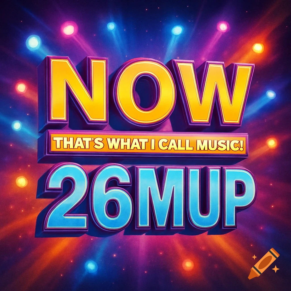 Album cover art featuring the text NOW THAT'S WHAT I CALL MUSIC! and 26MUP on a background of bright spotlights.