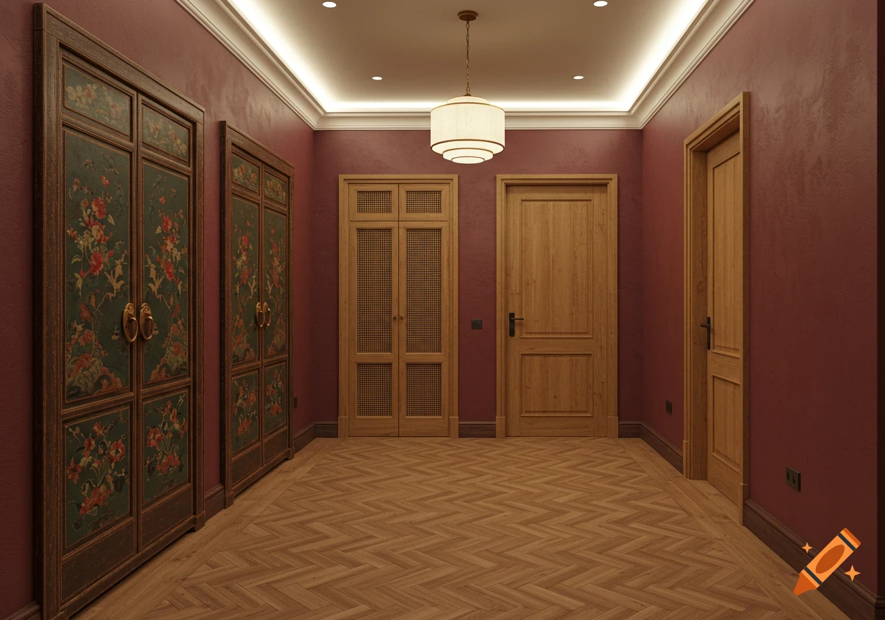 Interior view of a vestibule with red walls, decorative cabinets, wooden doors, herringbone floor, and a ceiling light.