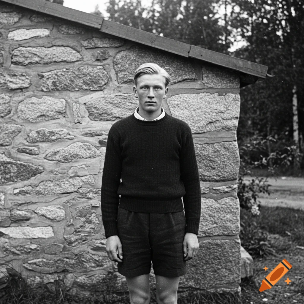 Black and white portrait of a young man in a sweater and shorts standing by a stone wall.