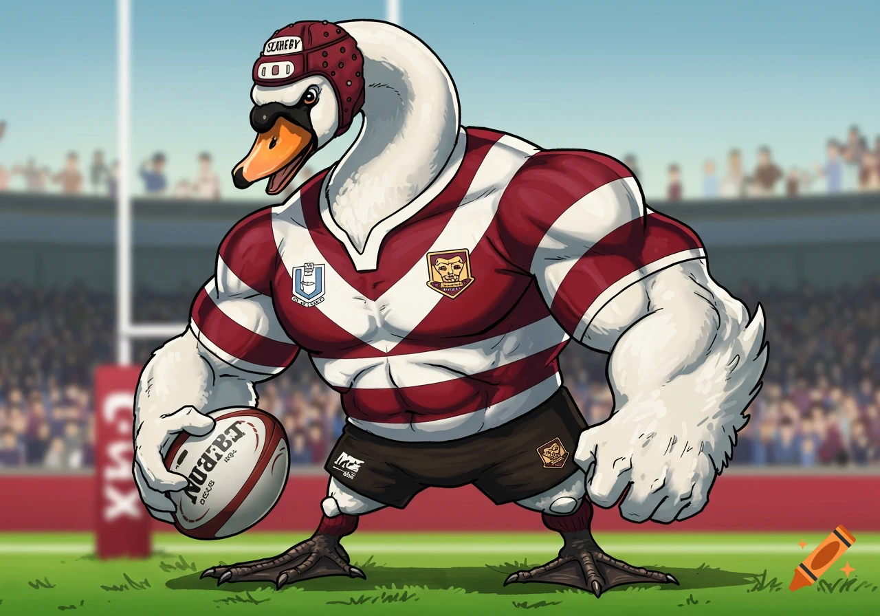 Cartoon illustration of a muscular swan in a maroon and white rugby kit holding a rugby ball on a field.