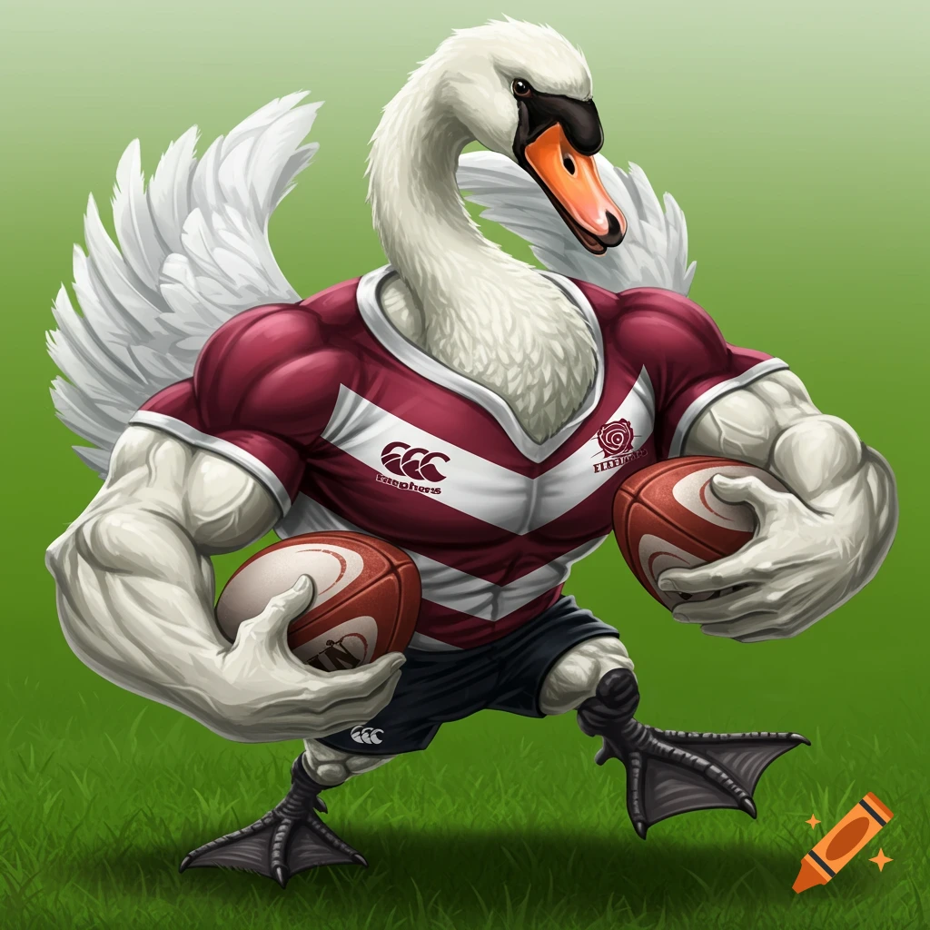 Muscular swan in a maroon and white rugby jersey holds two rugby balls.