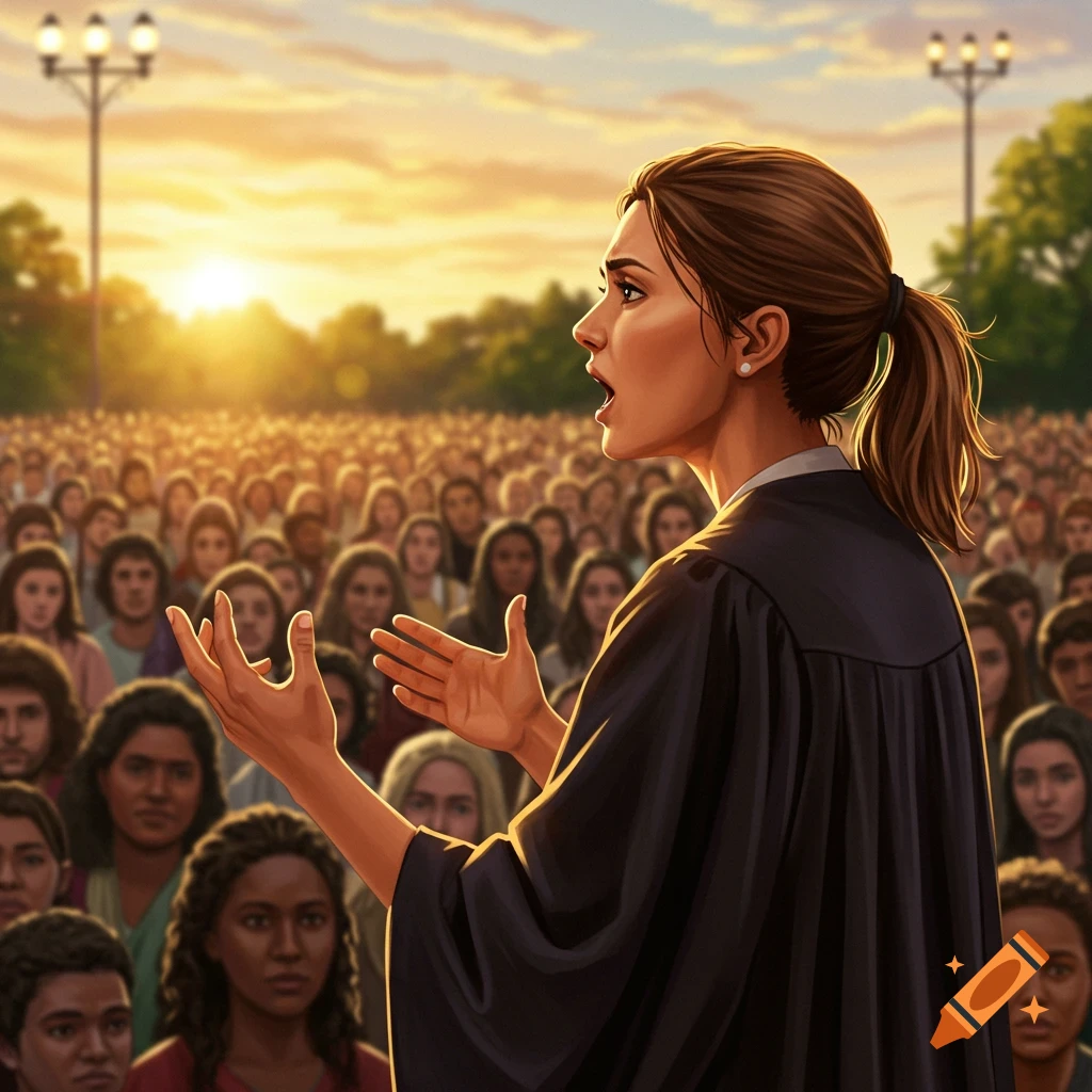 Woman in academic robes speaking to a large crowd outdoors at sunset, illustration.