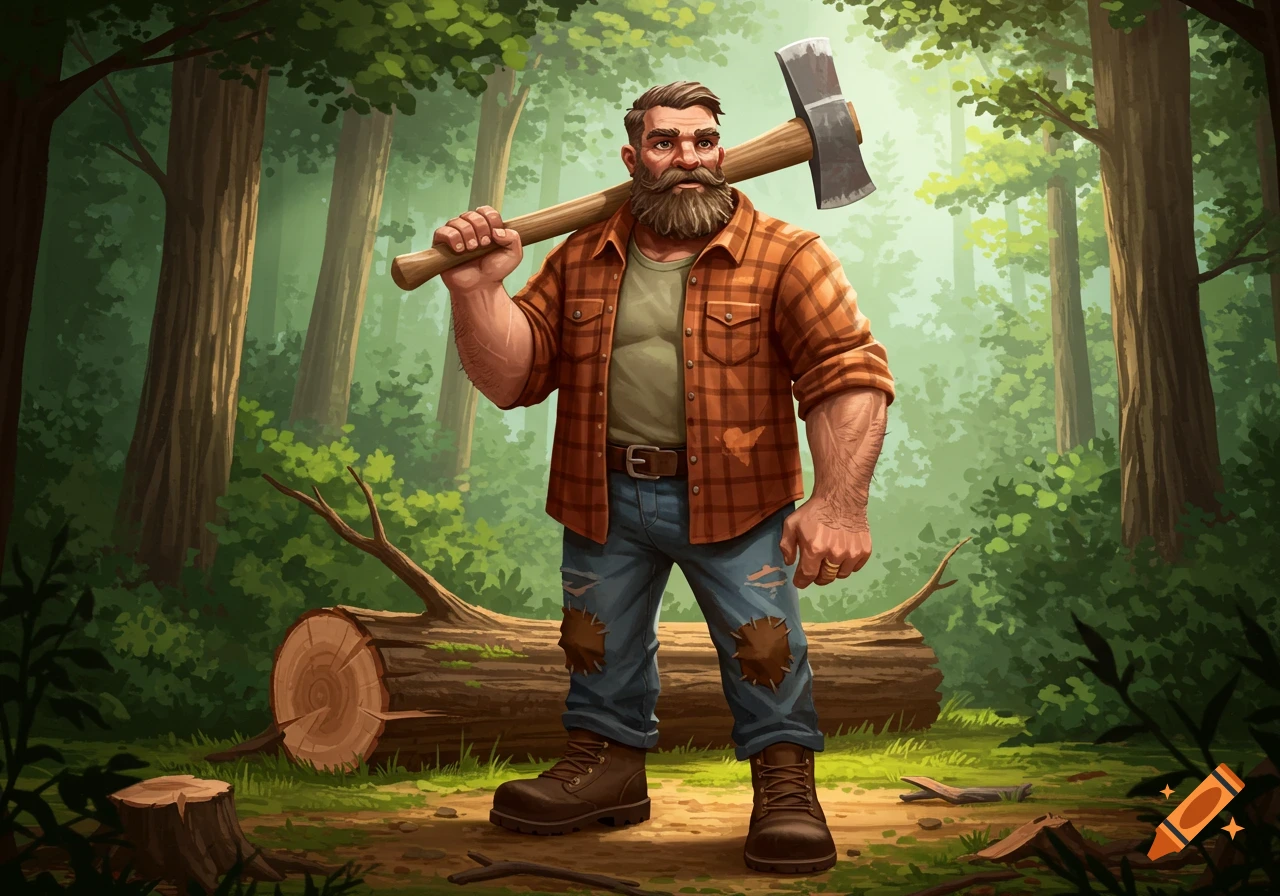 Illustrative depiction of a bearded lumberjack with an axe over his shoulder standing in a forest with logs.