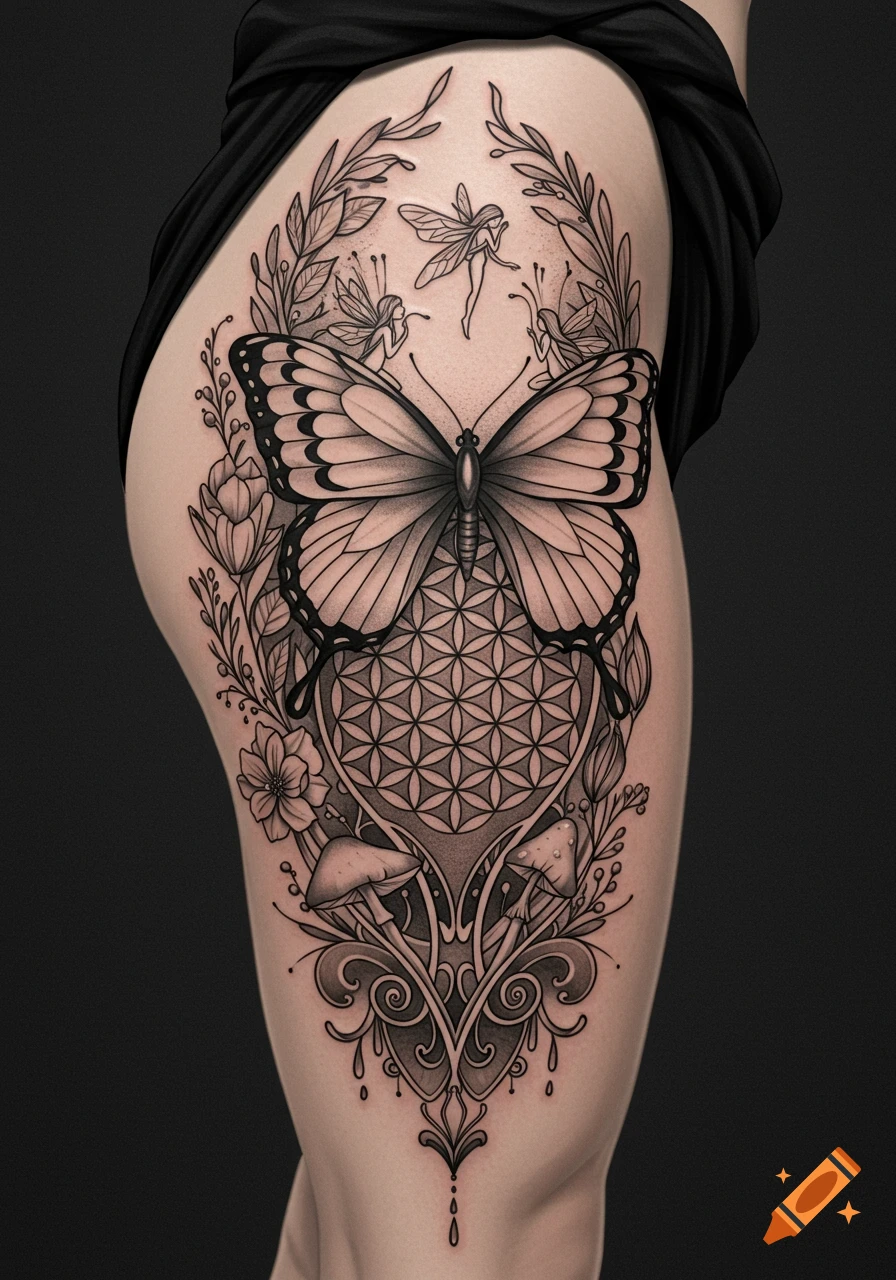 A black and grey tattoo design on a thigh featuring a butterfly, flowers, mushrooms, and fairies.