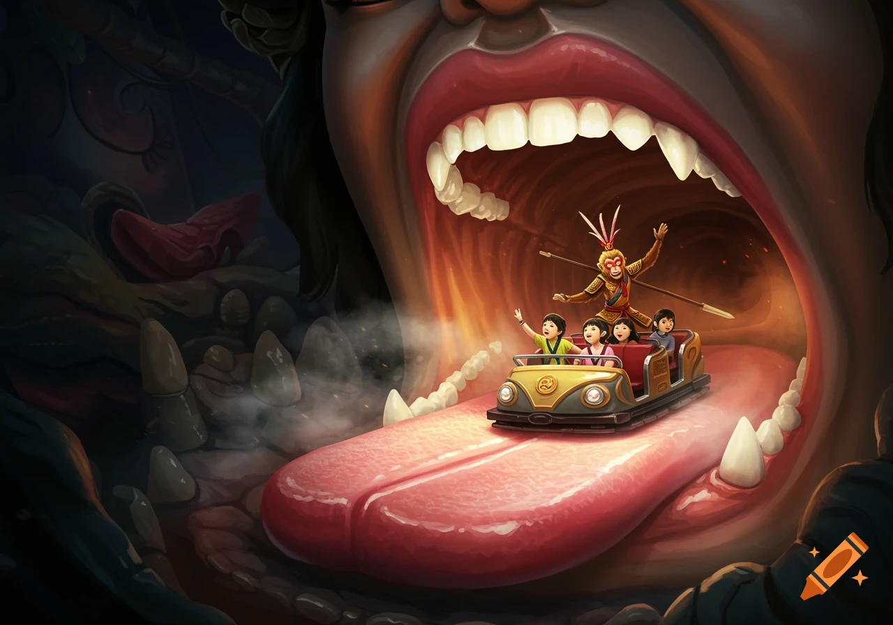 Fantasy theme park ride inside a giant creature's mouth with children and Monkey King.
