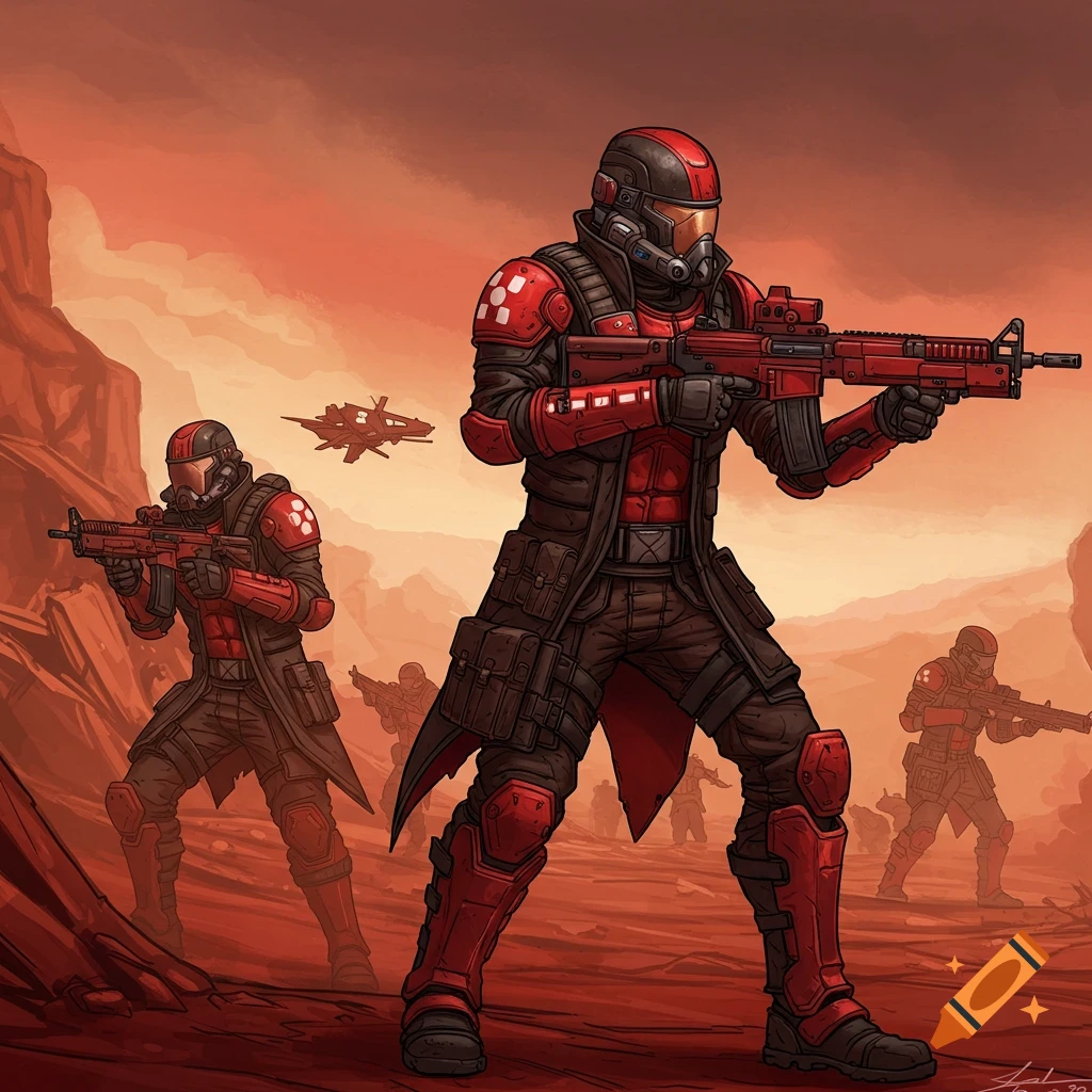 Sci-fi soldiers in red and black armour hold rifles in a red alien landscape.