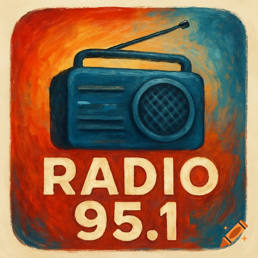 Painted logo for RADIO 95.1 featuring a blue radio on a red and orange background.