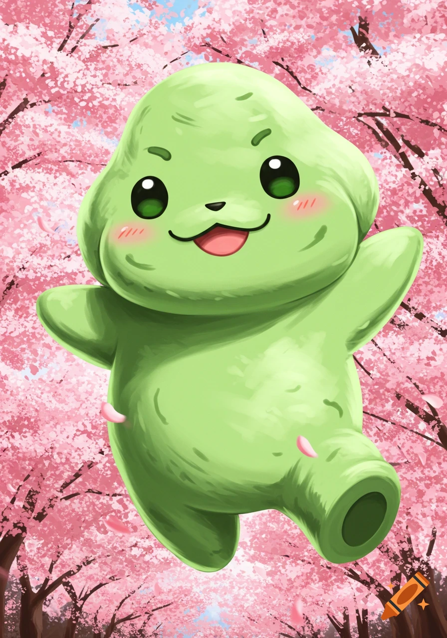 A cute green cartoon character with big green eyes stands among pink cherry blossom trees, waving.