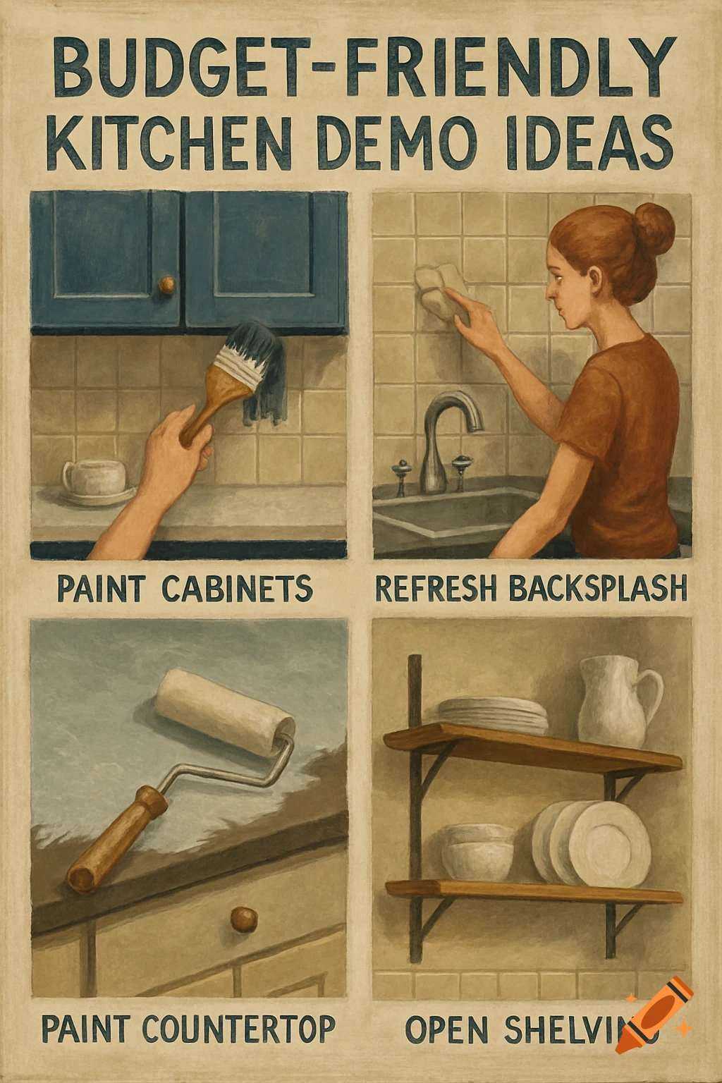 Illustration poster showing four budget kitchen DIY ideas: painting cabinets, refreshing backsplash, painting countertop, open shelving.