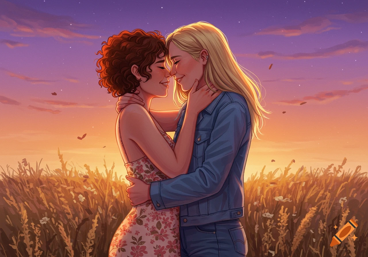 Two women embrace affectionately in a sunlit field at sunset in an ...