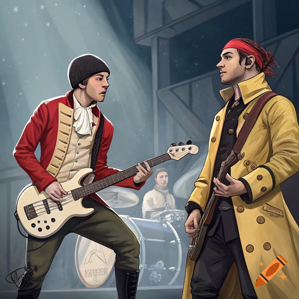 Two musicians in stylized costumes play bass and guitar on stage with a drummer in the background.