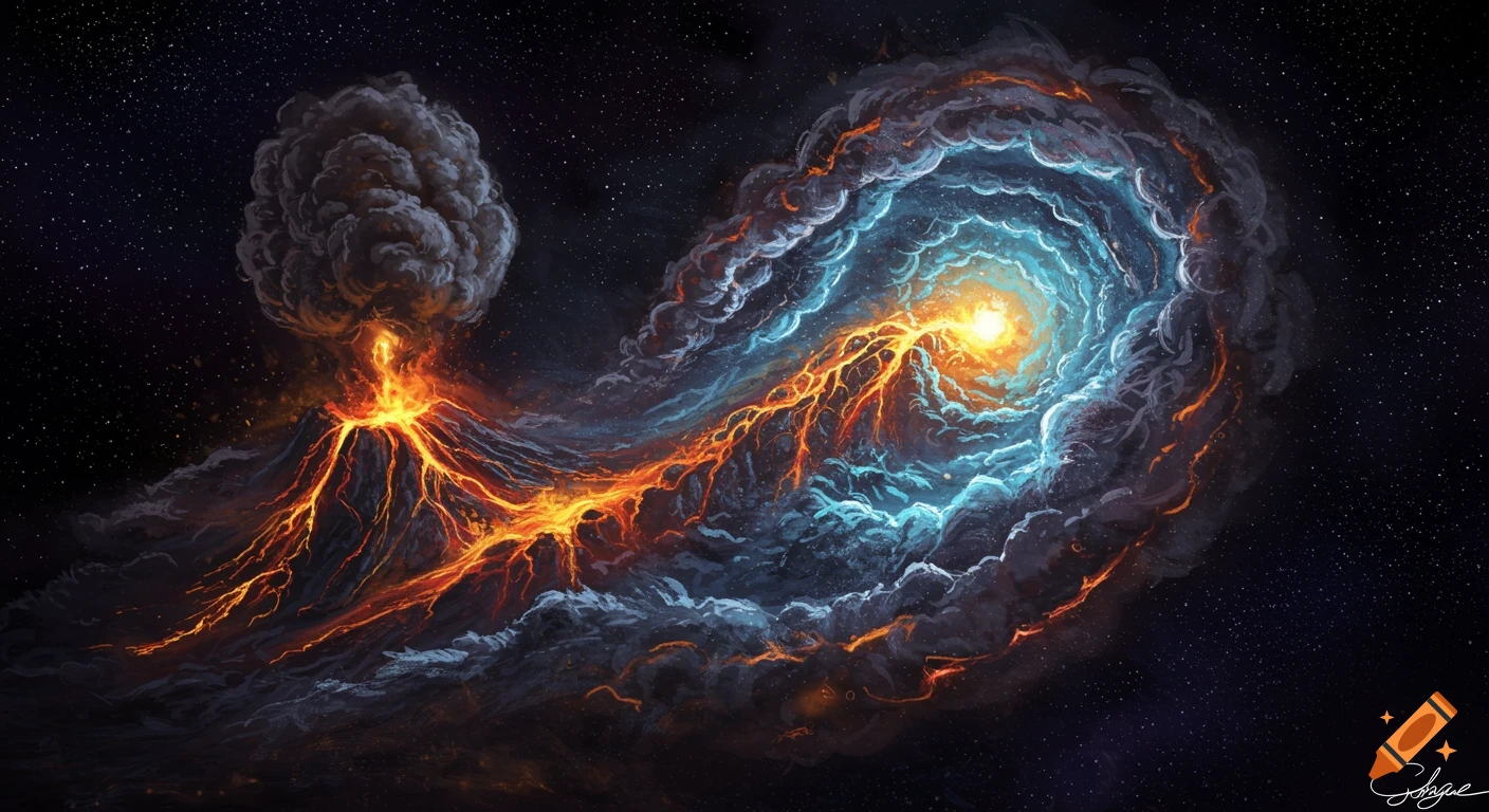 Illustration of a volcano erupting into a swirling cosmic nebula of orange and blue against a starry space background.