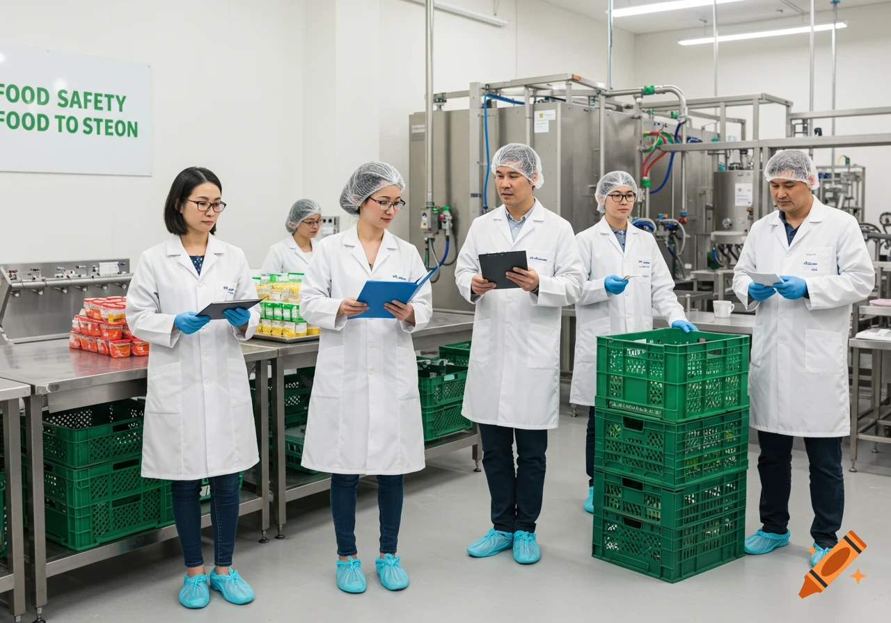 Team of food safety professionals in lab coats inspecting products in a lab.