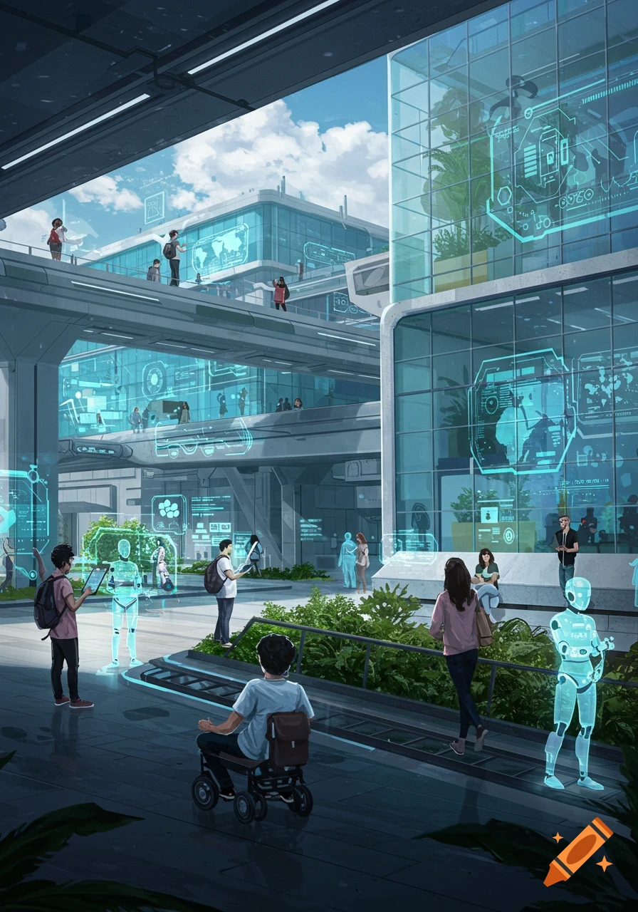 A futuristic university campus with students, robots, and holographic displays in modern glass buildings.