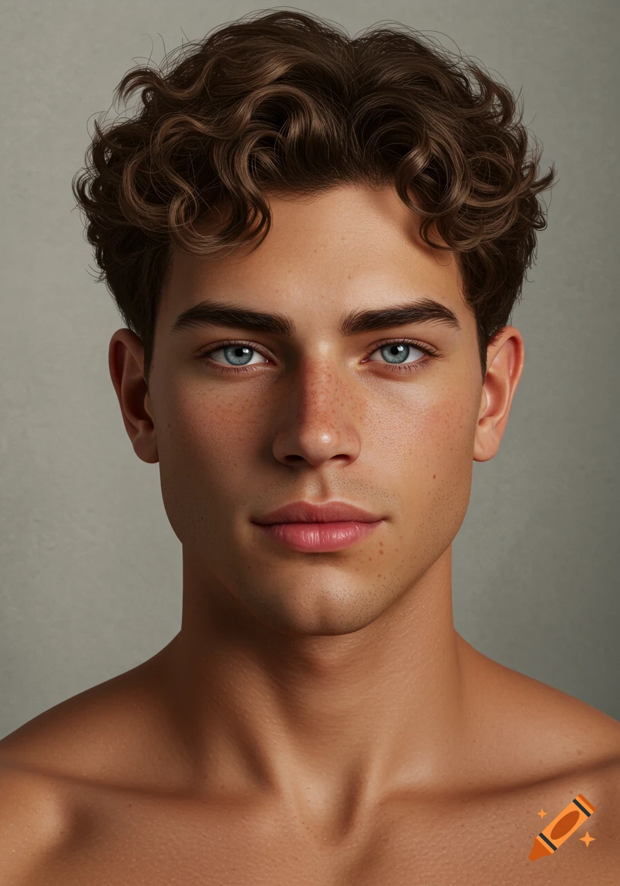 Photorealistic portrait of a young man with curly brown hair, blue eyes, and freckles.