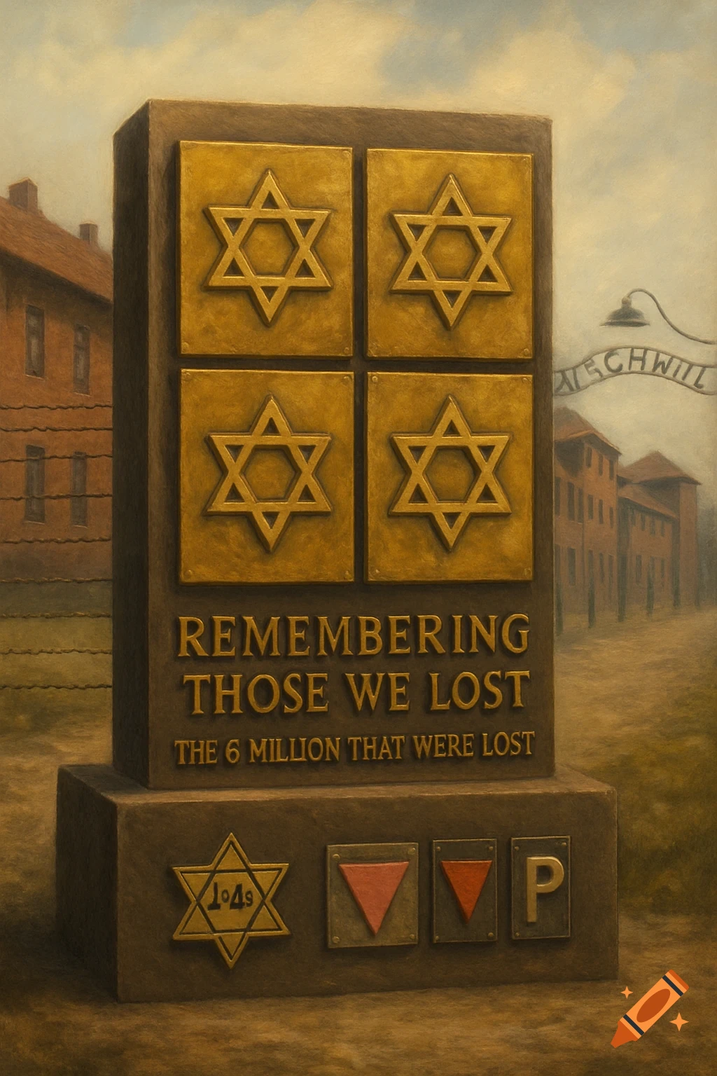 A somber monument with Stars of David and text 'Remembering Those We Lost' against a backdrop resembling Auschwitz, painterly style.