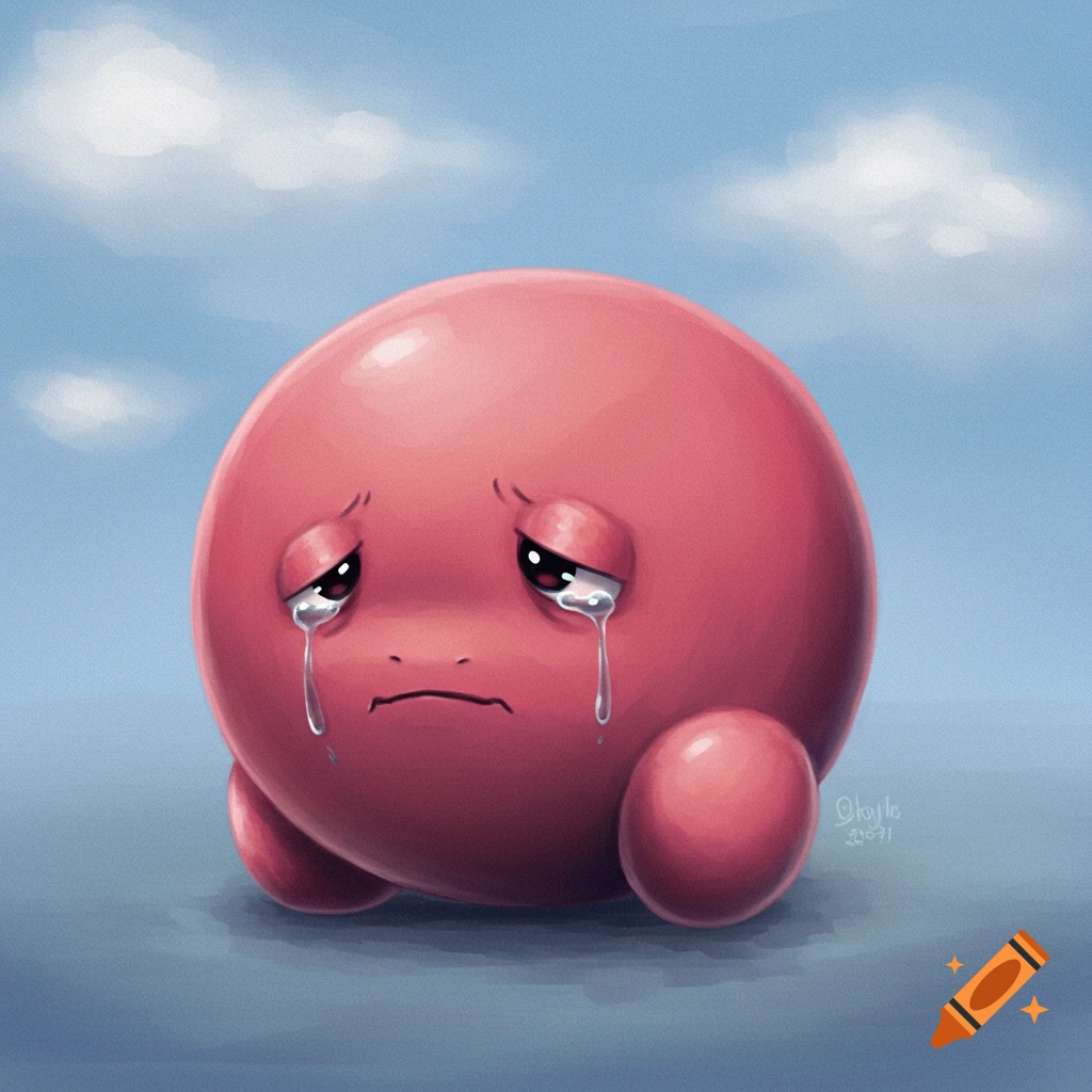 A pink, round character resembling Kirby sits on the ground, crying heavily under a cloudy blue sky.