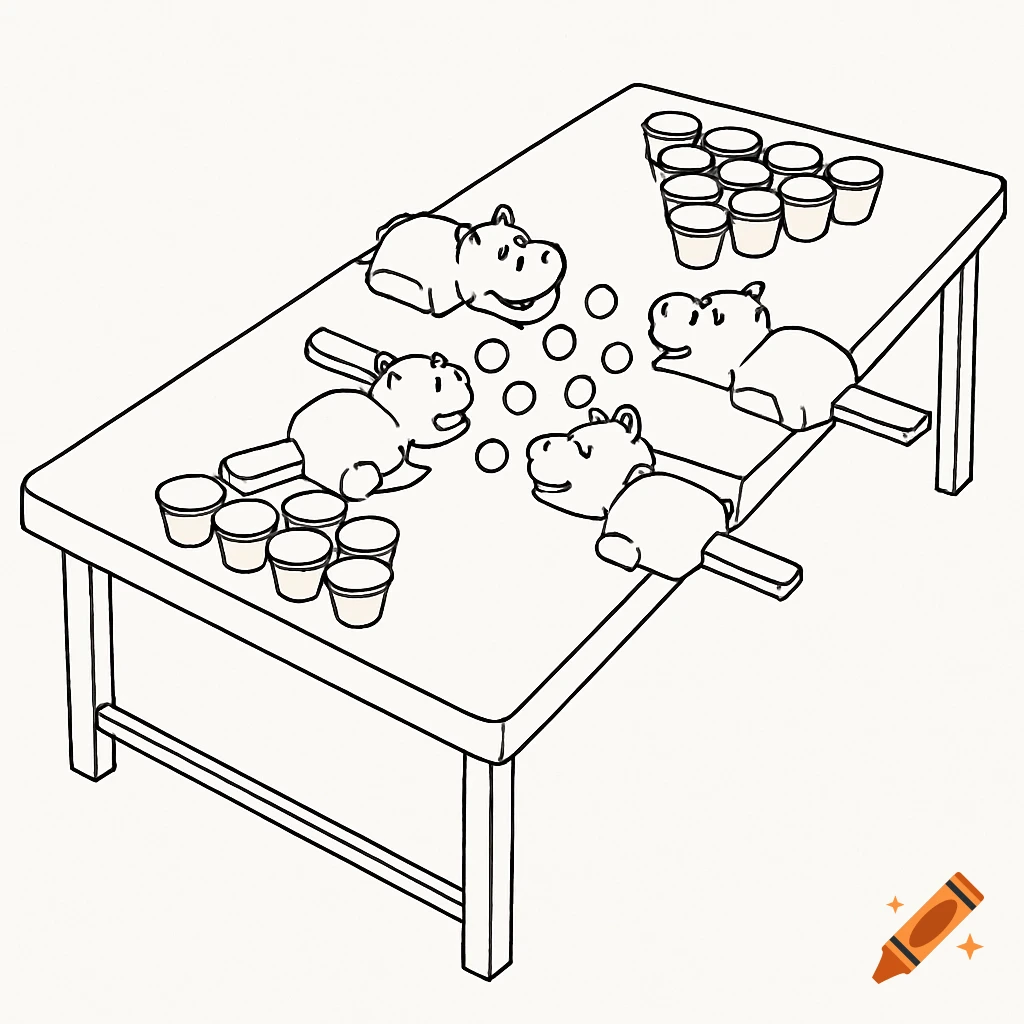 Line drawing of a table setup for a game combining Hungry Hungry Hippos and beer pong.